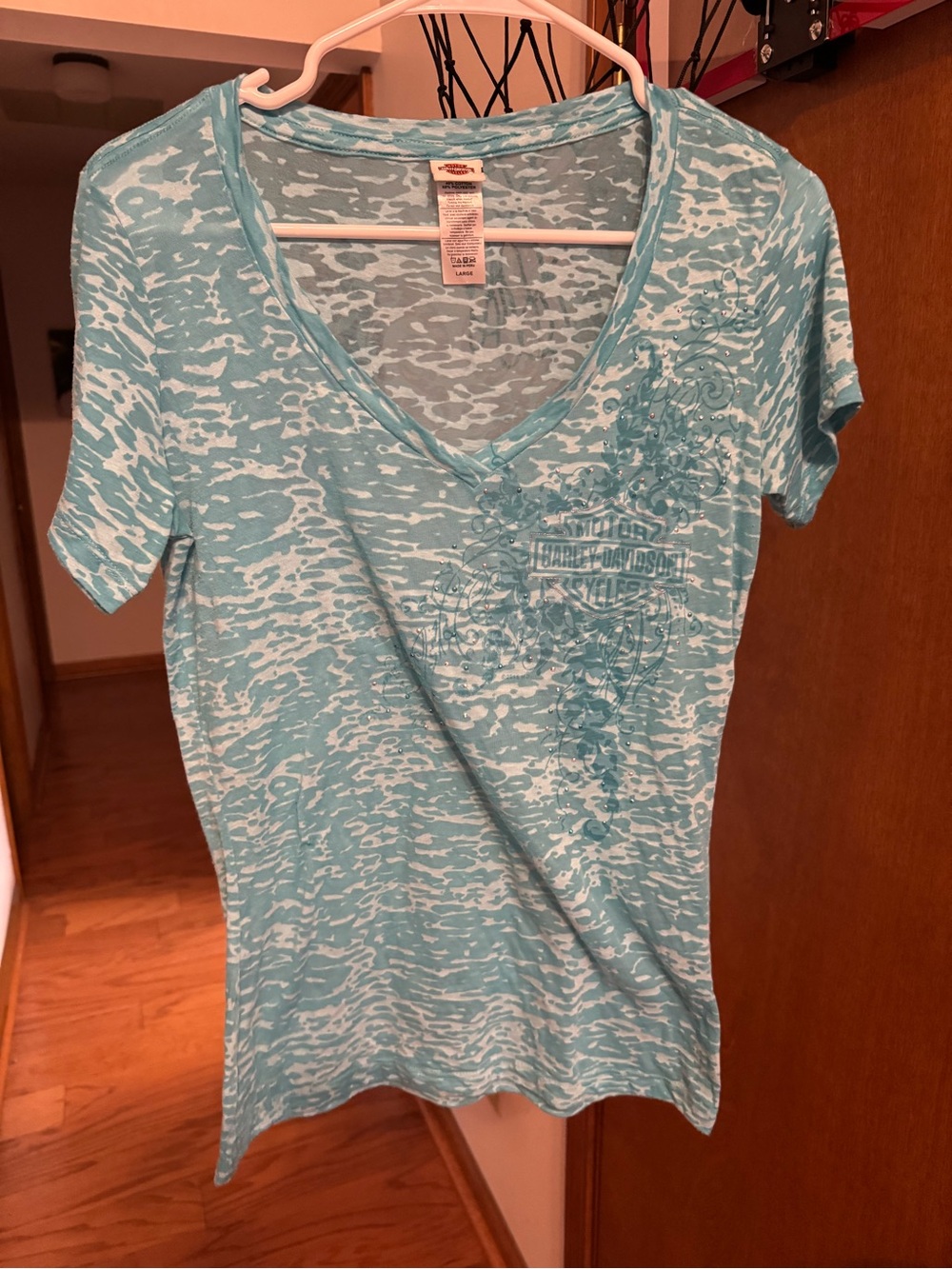 Harley-Davidson Aqua Patterned V-Neck Short Sleeve Tee